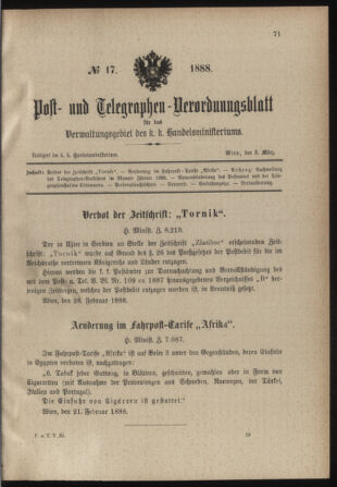 Post- und Telegraphen-Verordnungsblatt für das Verwaltungsgebiet des K.-K. Handelsministeriums 18880303 Seite: 1