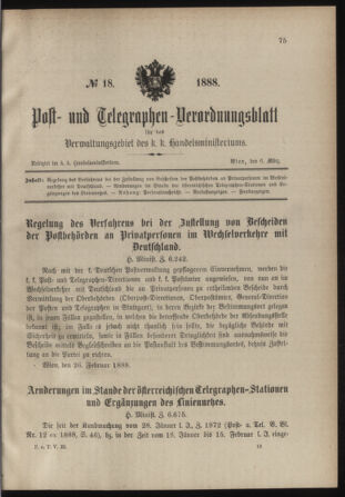 Post- und Telegraphen-Verordnungsblatt für das Verwaltungsgebiet des K.-K. Handelsministeriums 18880306 Seite: 1