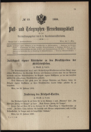 Post- und Telegraphen-Verordnungsblatt für das Verwaltungsgebiet des K.-K. Handelsministeriums 18880310 Seite: 1