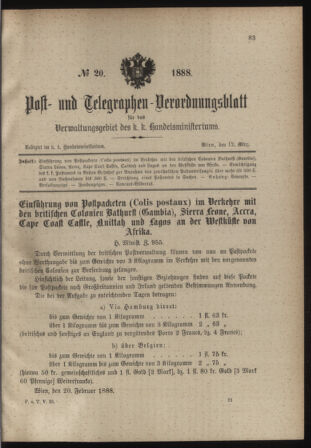 Post- und Telegraphen-Verordnungsblatt für das Verwaltungsgebiet des K.-K. Handelsministeriums 18880312 Seite: 1