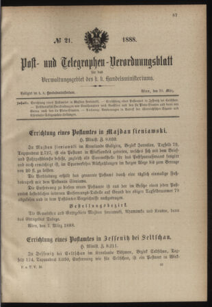 Post- und Telegraphen-Verordnungsblatt für das Verwaltungsgebiet des K.-K. Handelsministeriums 18880320 Seite: 1