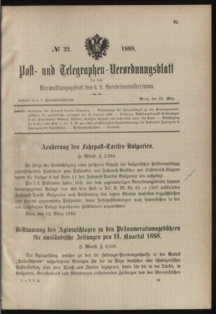 Post- und Telegraphen-Verordnungsblatt für das Verwaltungsgebiet des K.-K. Handelsministeriums 18880322 Seite: 1