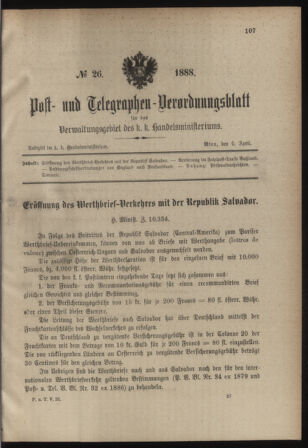 Post- und Telegraphen-Verordnungsblatt für das Verwaltungsgebiet des K.-K. Handelsministeriums 18880404 Seite: 1