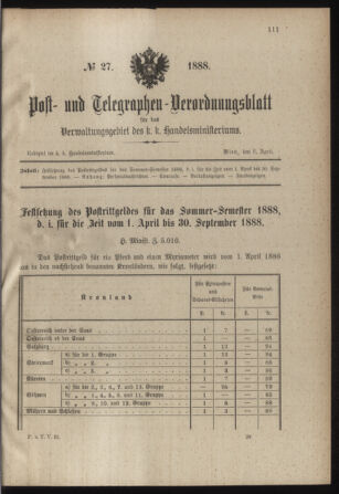 Post- und Telegraphen-Verordnungsblatt für das Verwaltungsgebiet des K.-K. Handelsministeriums 18880406 Seite: 1