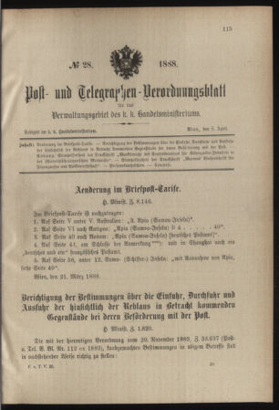 Post- und Telegraphen-Verordnungsblatt für das Verwaltungsgebiet des K.-K. Handelsministeriums 18880408 Seite: 1