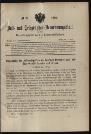 Post- und Telegraphen-Verordnungsblatt für das Verwaltungsgebiet des K.-K. Handelsministeriums 18880410 Seite: 1