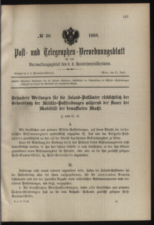 Post- und Telegraphen-Verordnungsblatt für das Verwaltungsgebiet des K.-K. Handelsministeriums 18880411 Seite: 1