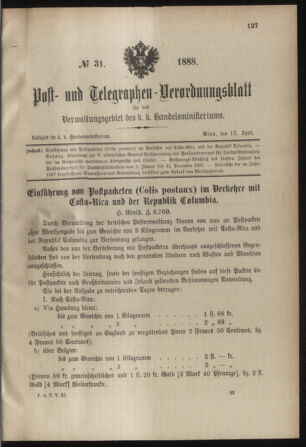 Post- und Telegraphen-Verordnungsblatt für das Verwaltungsgebiet des K.-K. Handelsministeriums 18880412 Seite: 1