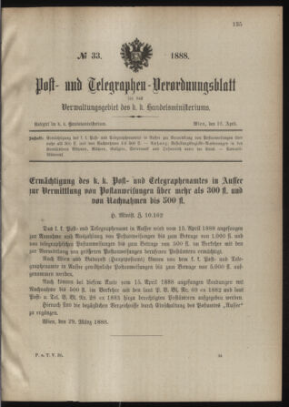 Post- und Telegraphen-Verordnungsblatt für das Verwaltungsgebiet des K.-K. Handelsministeriums 18880416 Seite: 1