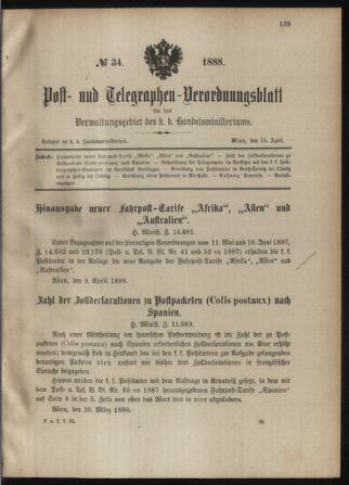 Post- und Telegraphen-Verordnungsblatt für das Verwaltungsgebiet des K.-K. Handelsministeriums 18880418 Seite: 1