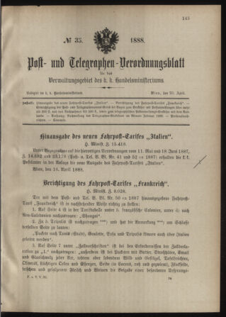 Post- und Telegraphen-Verordnungsblatt für das Verwaltungsgebiet des K.-K. Handelsministeriums 18880420 Seite: 1