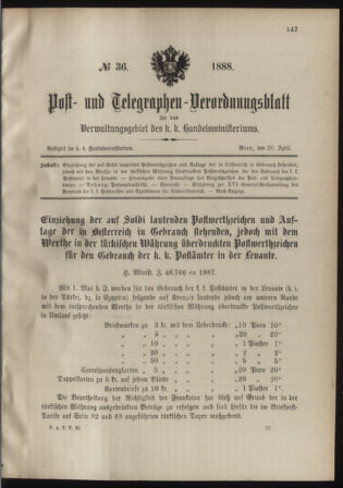 Post- und Telegraphen-Verordnungsblatt für das Verwaltungsgebiet des K.-K. Handelsministeriums 18880426 Seite: 1