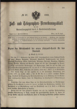 Post- und Telegraphen-Verordnungsblatt für das Verwaltungsgebiet des K.-K. Handelsministeriums 18880428 Seite: 1