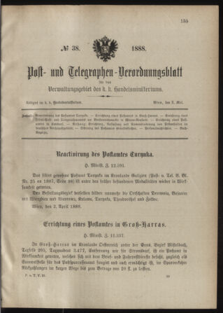 Post- und Telegraphen-Verordnungsblatt für das Verwaltungsgebiet des K.-K. Handelsministeriums 18880503 Seite: 1