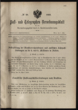 Post- und Telegraphen-Verordnungsblatt für das Verwaltungsgebiet des K.-K. Handelsministeriums 18880506 Seite: 1