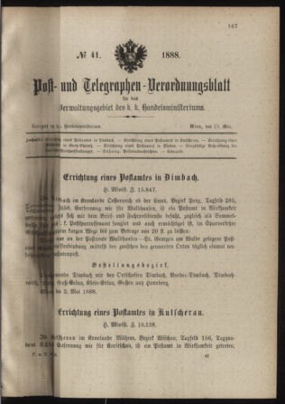 Post- und Telegraphen-Verordnungsblatt für das Verwaltungsgebiet des K.-K. Handelsministeriums 18880510 Seite: 1