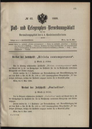 Post- und Telegraphen-Verordnungsblatt für das Verwaltungsgebiet des K.-K. Handelsministeriums 18880515 Seite: 1