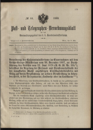 Post- und Telegraphen-Verordnungsblatt für das Verwaltungsgebiet des K.-K. Handelsministeriums 18880518 Seite: 1