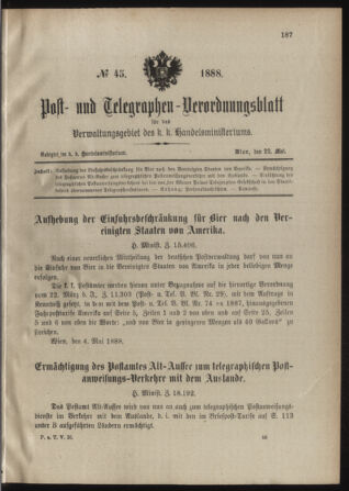 Post- und Telegraphen-Verordnungsblatt für das Verwaltungsgebiet des K.-K. Handelsministeriums 18880522 Seite: 1