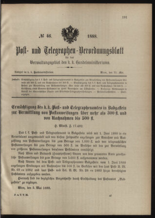 Post- und Telegraphen-Verordnungsblatt für das Verwaltungsgebiet des K.-K. Handelsministeriums 18880523 Seite: 1