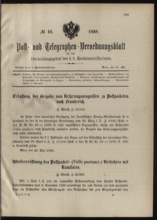 Post- und Telegraphen-Verordnungsblatt für das Verwaltungsgebiet des K.-K. Handelsministeriums 18880530 Seite: 1