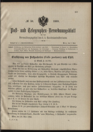 Post- und Telegraphen-Verordnungsblatt für das Verwaltungsgebiet des K.-K. Handelsministeriums 18880606 Seite: 1