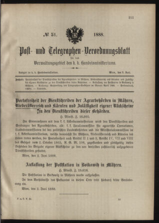 Post- und Telegraphen-Verordnungsblatt für das Verwaltungsgebiet des K.-K. Handelsministeriums 18880609 Seite: 1