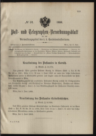 Post- und Telegraphen-Verordnungsblatt für das Verwaltungsgebiet des K.-K. Handelsministeriums 18880614 Seite: 1