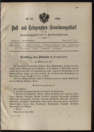 Post- und Telegraphen-Verordnungsblatt für das Verwaltungsgebiet des K.-K. Handelsministeriums 18880623 Seite: 1