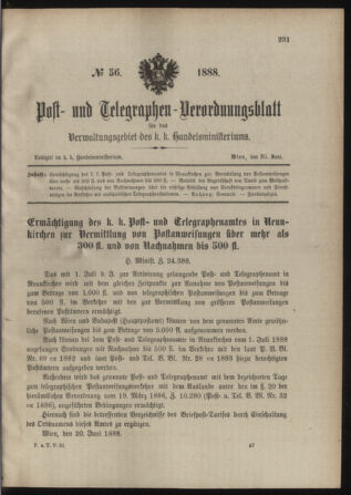 Post- und Telegraphen-Verordnungsblatt für das Verwaltungsgebiet des K.-K. Handelsministeriums 18880630 Seite: 1