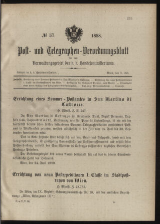 Post- und Telegraphen-Verordnungsblatt für das Verwaltungsgebiet des K.-K. Handelsministeriums 18880702 Seite: 1