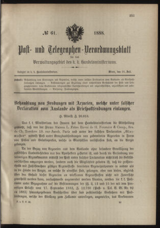 Post- und Telegraphen-Verordnungsblatt für das Verwaltungsgebiet des K.-K. Handelsministeriums 18880716 Seite: 1