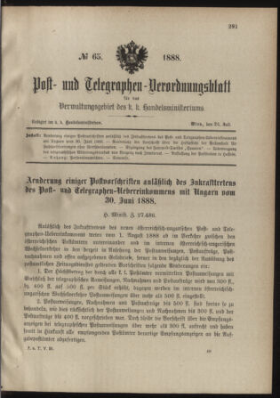 Post- und Telegraphen-Verordnungsblatt für das Verwaltungsgebiet des K.-K. Handelsministeriums 18880724 Seite: 1