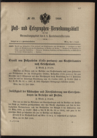 Post- und Telegraphen-Verordnungsblatt für das Verwaltungsgebiet des K.-K. Handelsministeriums 18880801 Seite: 1