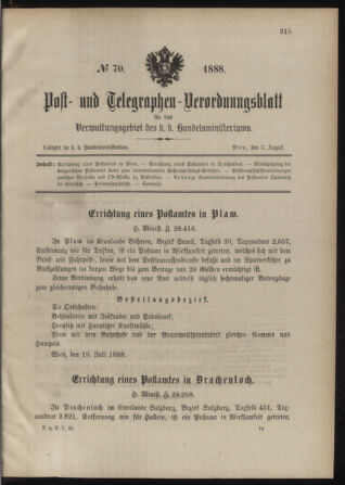 Post- und Telegraphen-Verordnungsblatt für das Verwaltungsgebiet des K.-K. Handelsministeriums 18880803 Seite: 1