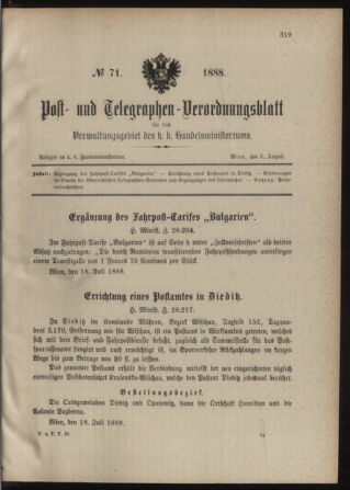 Post- und Telegraphen-Verordnungsblatt für das Verwaltungsgebiet des K.-K. Handelsministeriums 18880805 Seite: 1