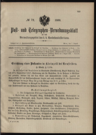 Post- und Telegraphen-Verordnungsblatt für das Verwaltungsgebiet des K.-K. Handelsministeriums 18880807 Seite: 1