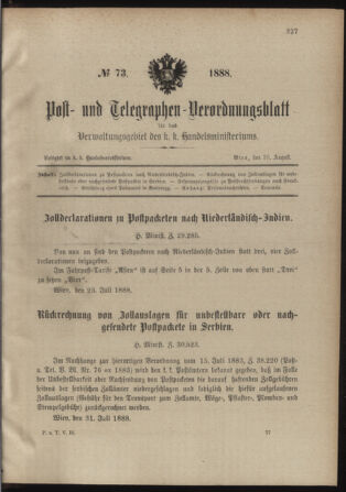 Post- und Telegraphen-Verordnungsblatt für das Verwaltungsgebiet des K.-K. Handelsministeriums 18880810 Seite: 1