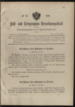 Post- und Telegraphen-Verordnungsblatt für das Verwaltungsgebiet des K.-K. Handelsministeriums 18880822 Seite: 1