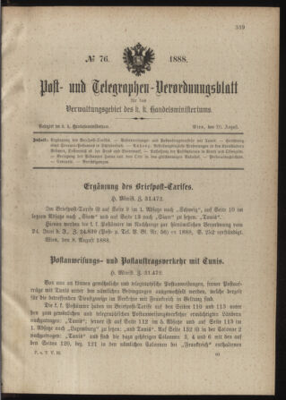 Post- und Telegraphen-Verordnungsblatt für das Verwaltungsgebiet des K.-K. Handelsministeriums 18880826 Seite: 1