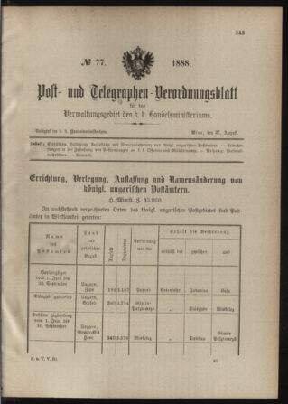 Post- und Telegraphen-Verordnungsblatt für das Verwaltungsgebiet des K.-K. Handelsministeriums 18880827 Seite: 1