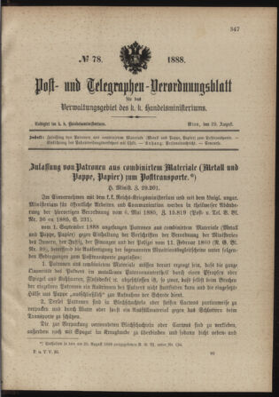 Post- und Telegraphen-Verordnungsblatt für das Verwaltungsgebiet des K.-K. Handelsministeriums 18880829 Seite: 1