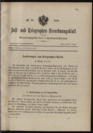 Post- und Telegraphen-Verordnungsblatt für das Verwaltungsgebiet des K.-K. Handelsministeriums 18880830 Seite: 1