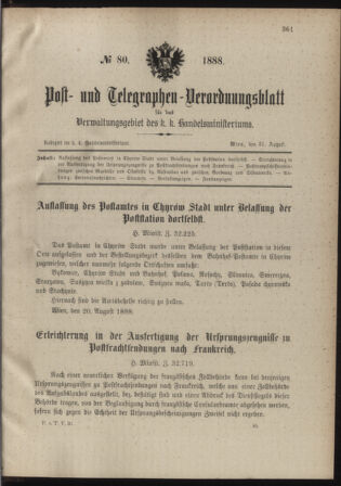 Post- und Telegraphen-Verordnungsblatt für das Verwaltungsgebiet des K.-K. Handelsministeriums 18880831 Seite: 1