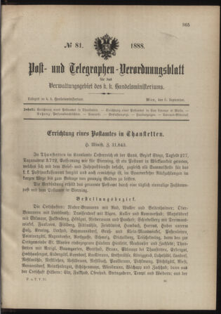 Post- und Telegraphen-Verordnungsblatt für das Verwaltungsgebiet des K.-K. Handelsministeriums 18880906 Seite: 1