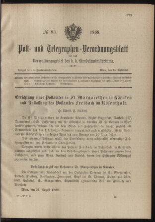 Post- und Telegraphen-Verordnungsblatt für das Verwaltungsgebiet des K.-K. Handelsministeriums 18880914 Seite: 1