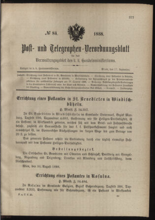 Post- und Telegraphen-Verordnungsblatt für das Verwaltungsgebiet des K.-K. Handelsministeriums 18880917 Seite: 1