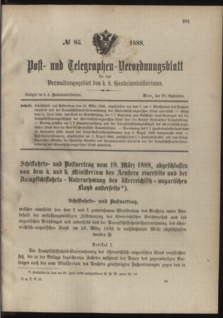 Post- und Telegraphen-Verordnungsblatt für das Verwaltungsgebiet des K.-K. Handelsministeriums 18880920 Seite: 1