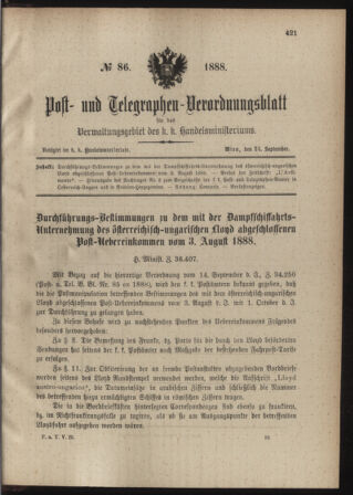 Post- und Telegraphen-Verordnungsblatt für das Verwaltungsgebiet des K.-K. Handelsministeriums 18880924 Seite: 1