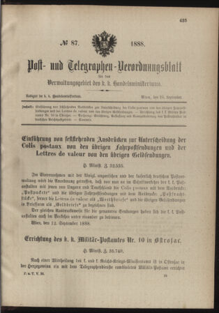 Post- und Telegraphen-Verordnungsblatt für das Verwaltungsgebiet des K.-K. Handelsministeriums 18880925 Seite: 1